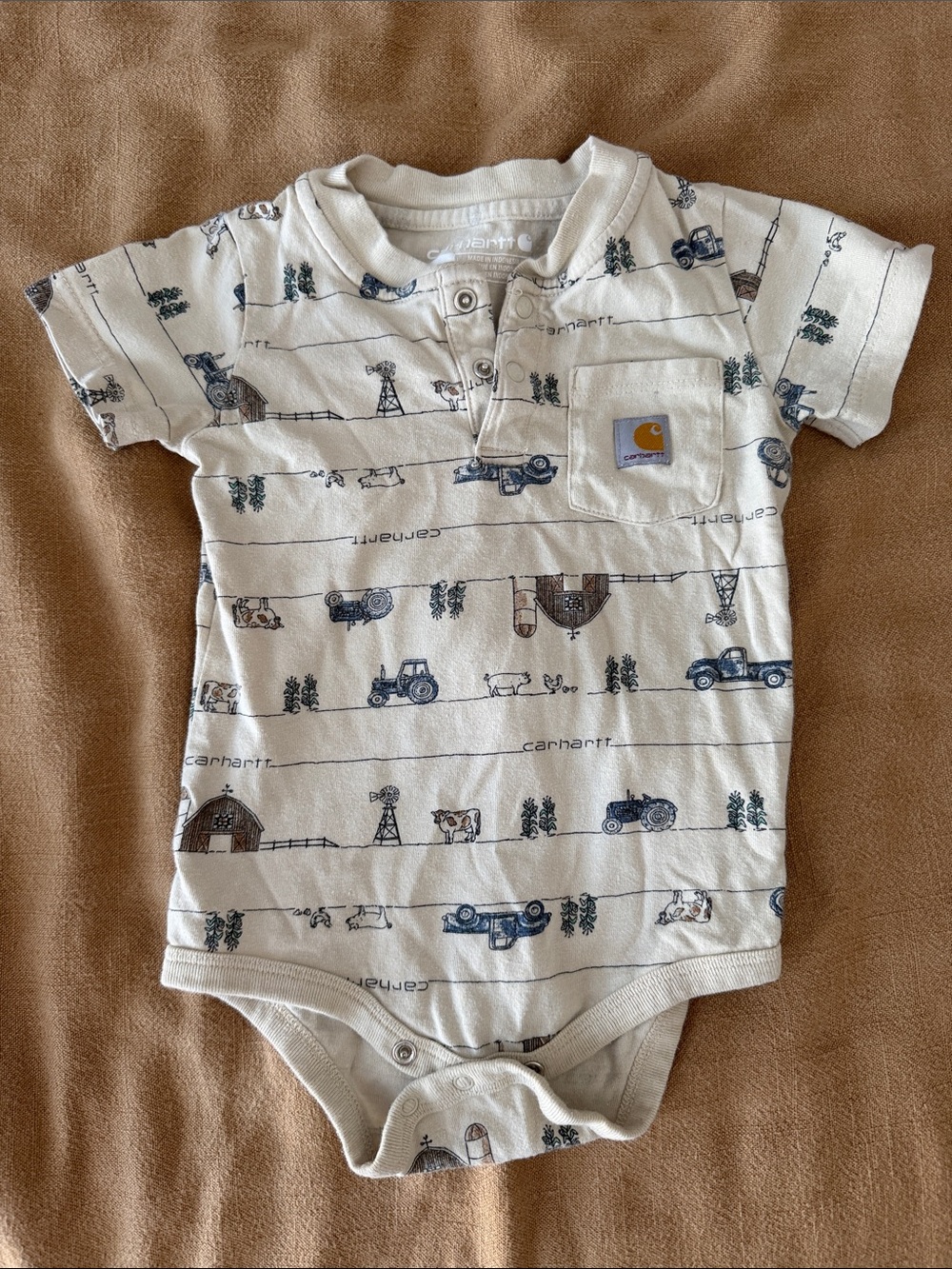Carhartt Short-Sleeve Henley Onesie with Navy Farm Print